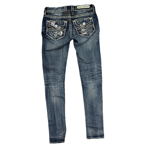 Rock Revival Jeans Y2K Distressed Rip Plaid Pocket Thick Stitch 25 Western Rodeo - Picture 1 of 6